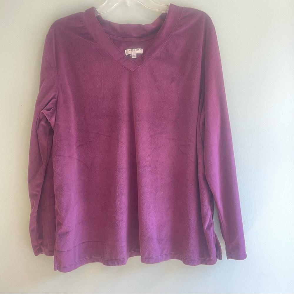 ANNE KLEIN Purple Long Sleeve Fleece V-Neck Top Size Large